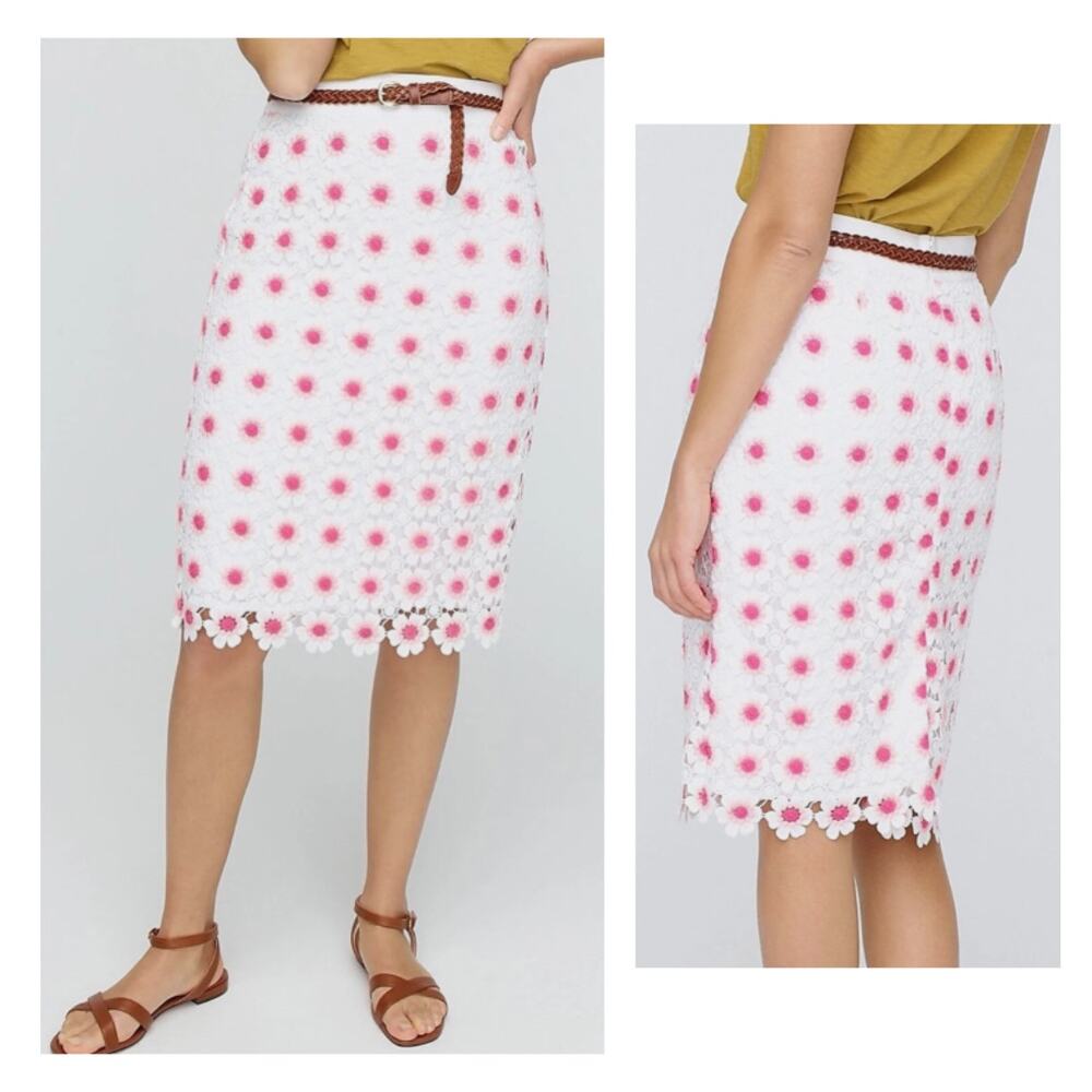 NWT J. Crew Floral Lace Crochet Pink & White Feminine Pencil Midi Skirt, Size 8